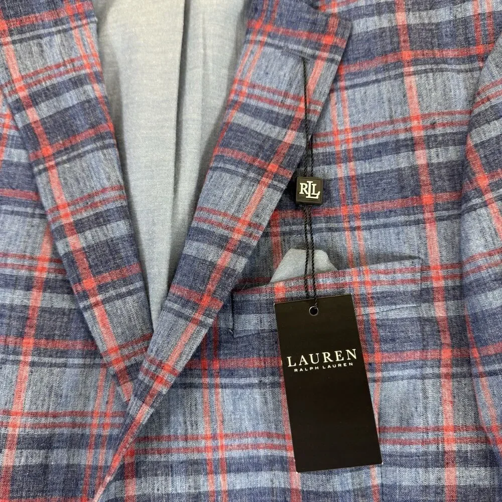 LAUREN RALPH LAUREN Boy 14R Bloxbury Blue Red Plaid Sport Coat Blazer Linen Blen